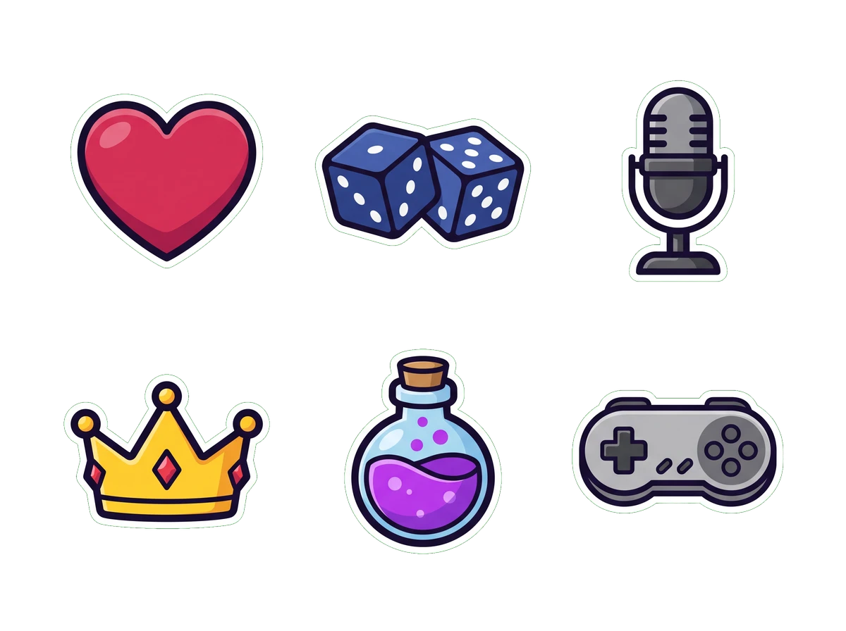 Six example channel point reward icons — heart, dice, microphone, crown, potion and game controller — drawn in one consistent style