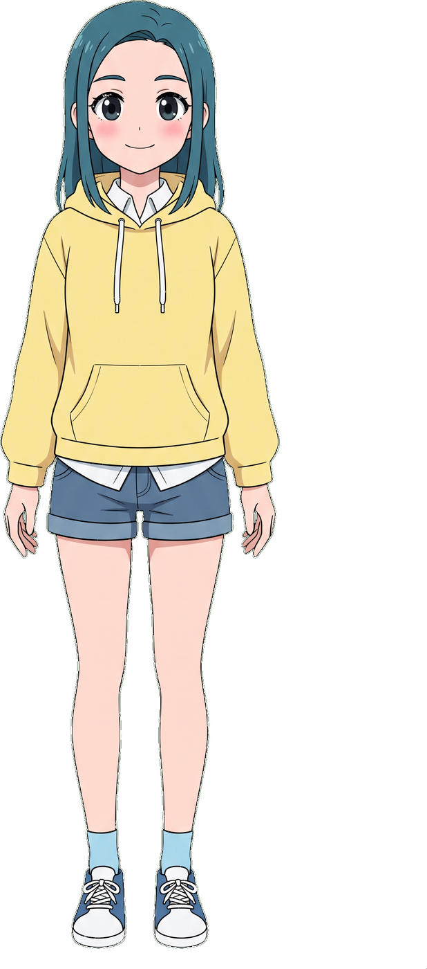 正面向き・開いた目・前髪が顔にかからない、トラッキングに適した約7頭身の立ち絵の例